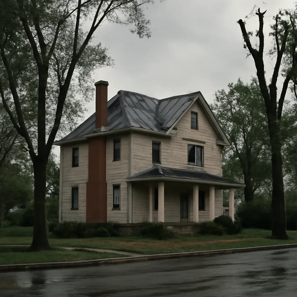 A wood-frame, early- to mid-20th-century house on a tree-lined residential street showing patched roof sections and a chimney; overcast sky suggests recent storms.