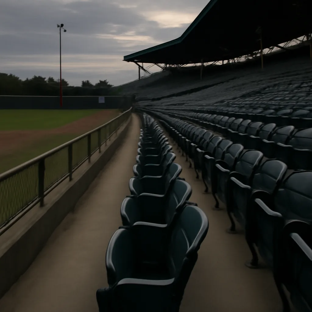 Stadium seating near the field at a baseball game, showing a low railing and rows of seats with an empty walkway; overcast evening light.