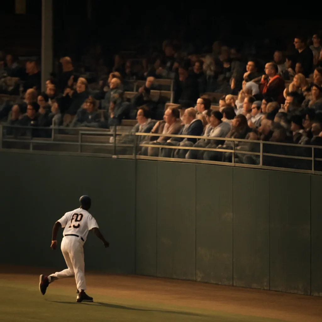 Baseball outfield wall with a low railing and fans leaning over as an outfielder positions to catch a ball, stadium lights on during an evening game.