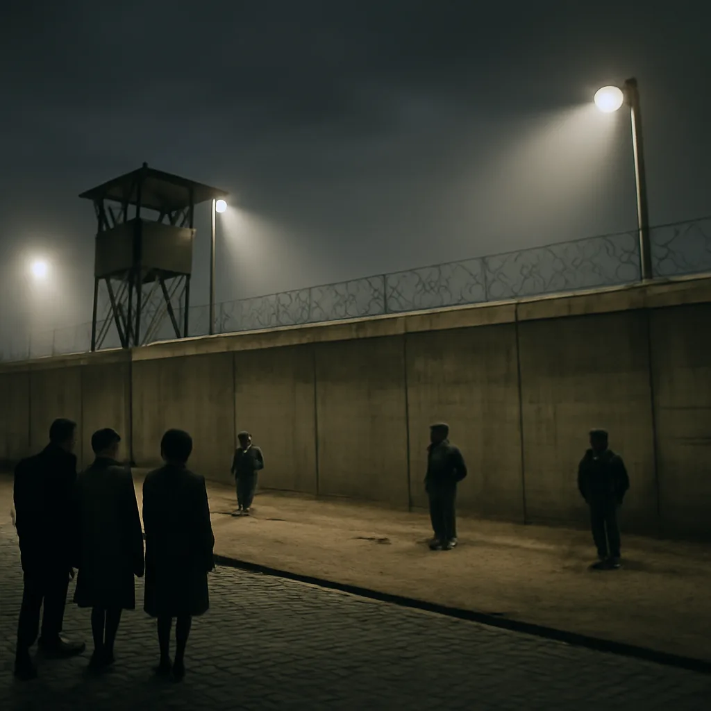 A nighttime view of the Berlin Wall area in the early 1960s: a concrete barrier with barbed wire, floodlights, a sand strip and watchtowers in the distance, soldiers silhouetted at a guarded sector; civilians stand on the West Berlin side.
