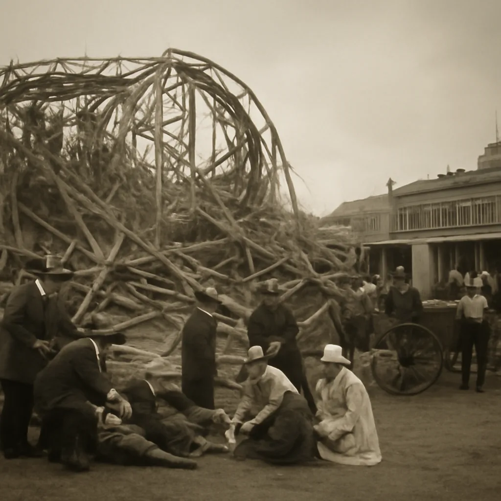 Early 20th-century wooden roller-coaster wreckage and rescuers at Luna Park, Coney Island; splintered timber, crowded onlookers in period clothing, horse-drawn ambulance in background.