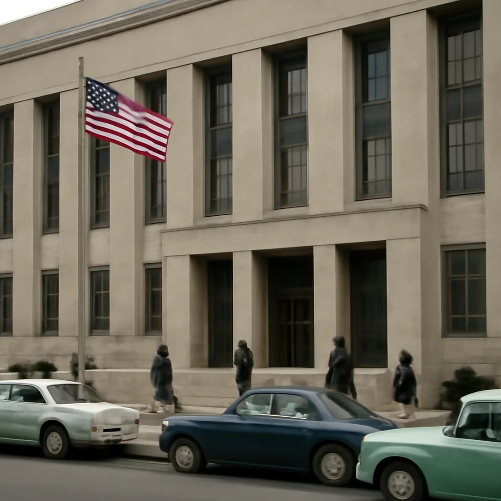 Early 1960s courtroom corridor and federal office building exterior, showing period cars and suited figures in the distance, suggesting government investigations of organized crime.