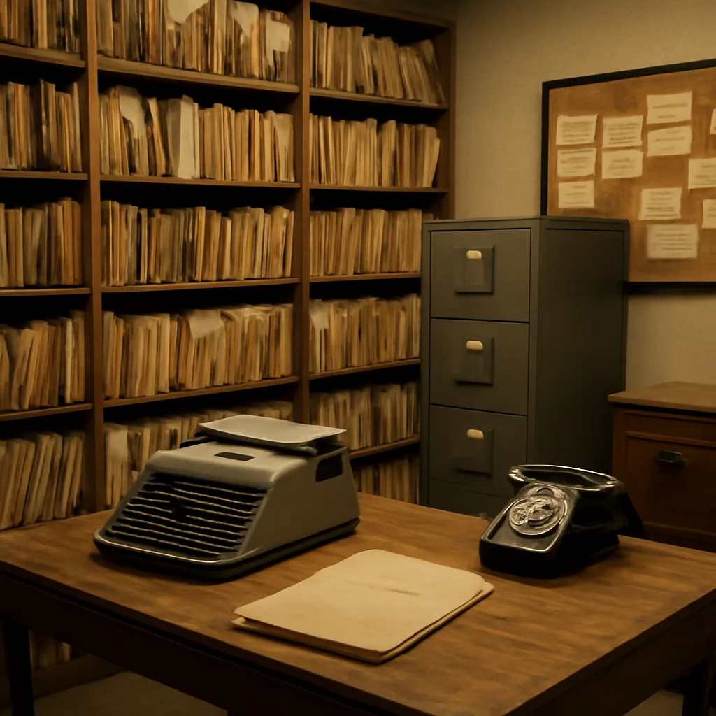 Archival-style scene of a 1970s-era file room with stacked government folders and a typewriter on a wooden table, cast in muted light.