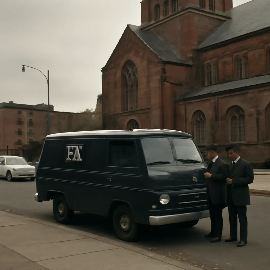 Historic scene suggesting 1960s surveillance: an FBI recording van parked on a city street near a church, with vintage vehicles and suited men standing nearby; no identifiable faces.