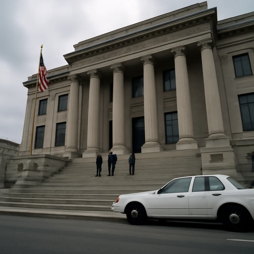 A nondescript courthouse exterior with a small group of people nearby and a parked federal vehicle, conveying legal proceedings and institutional review.