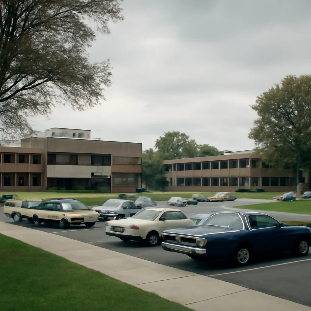 Exterior view of the FBI Academy at Quantico, Virginia, in the early 1970s, with low-rise institutional buildings and vehicles of the era parked outside.