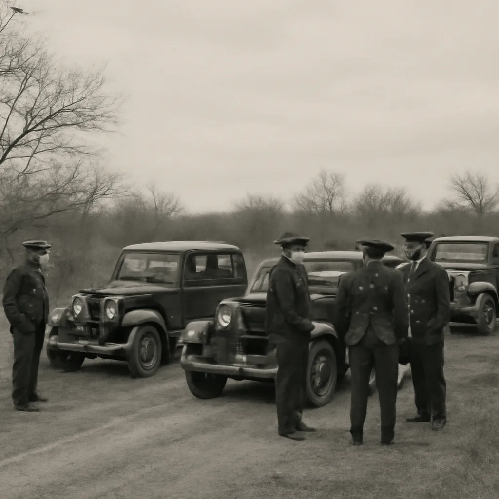 Historic 1930s-era police squad cars and officers gathered near a rural roadside, with an unmarked dirt road and low scrub vegetation; scene evokes law-enforcement activity in the central United States during the Depression era.