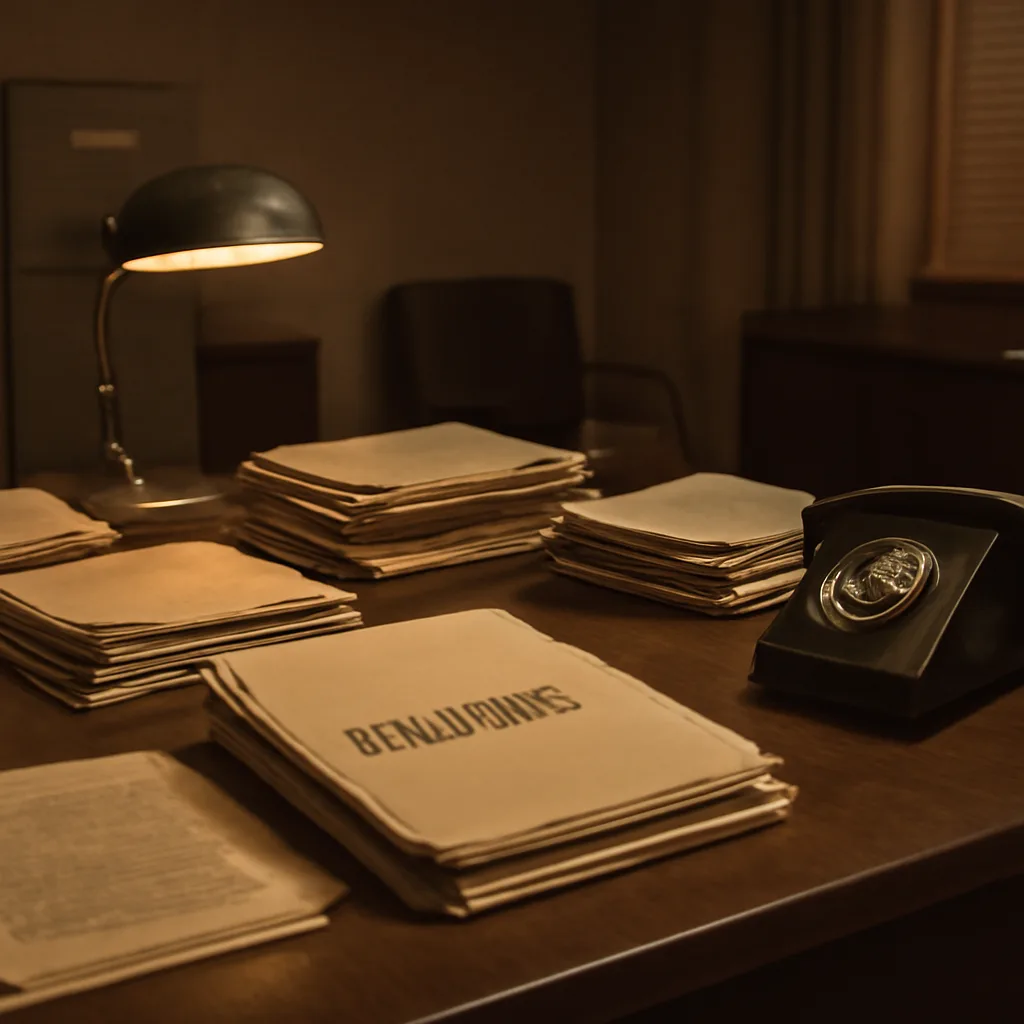 Stacks of declassified FBI files and typed memos spread on a table with a partially visible government seal and an 1970s-era rotary phone nearby.