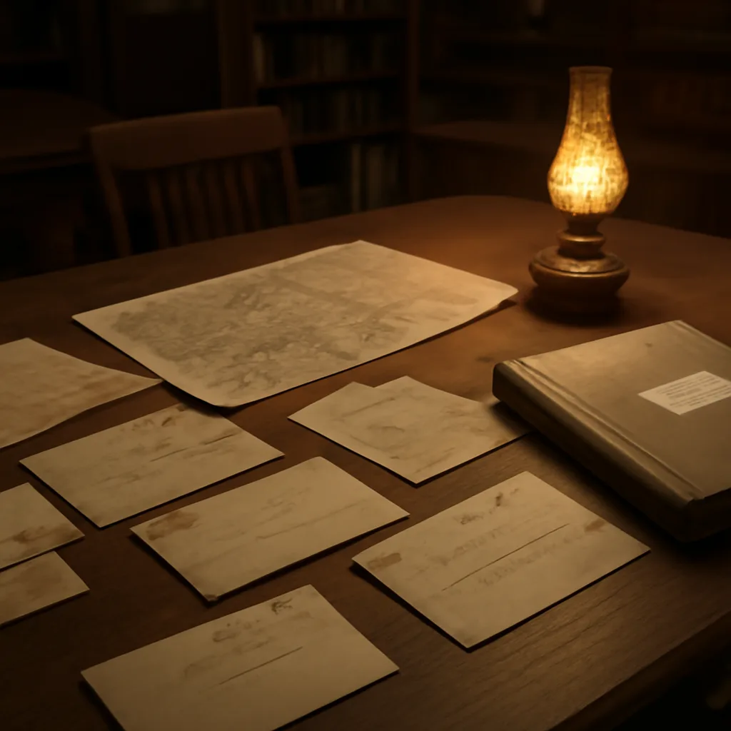 Archival desk scene with aged documents and envelopes relating to late 19th-century London investigations, on a wooden table with a dim lamp and period maps folded nearby.