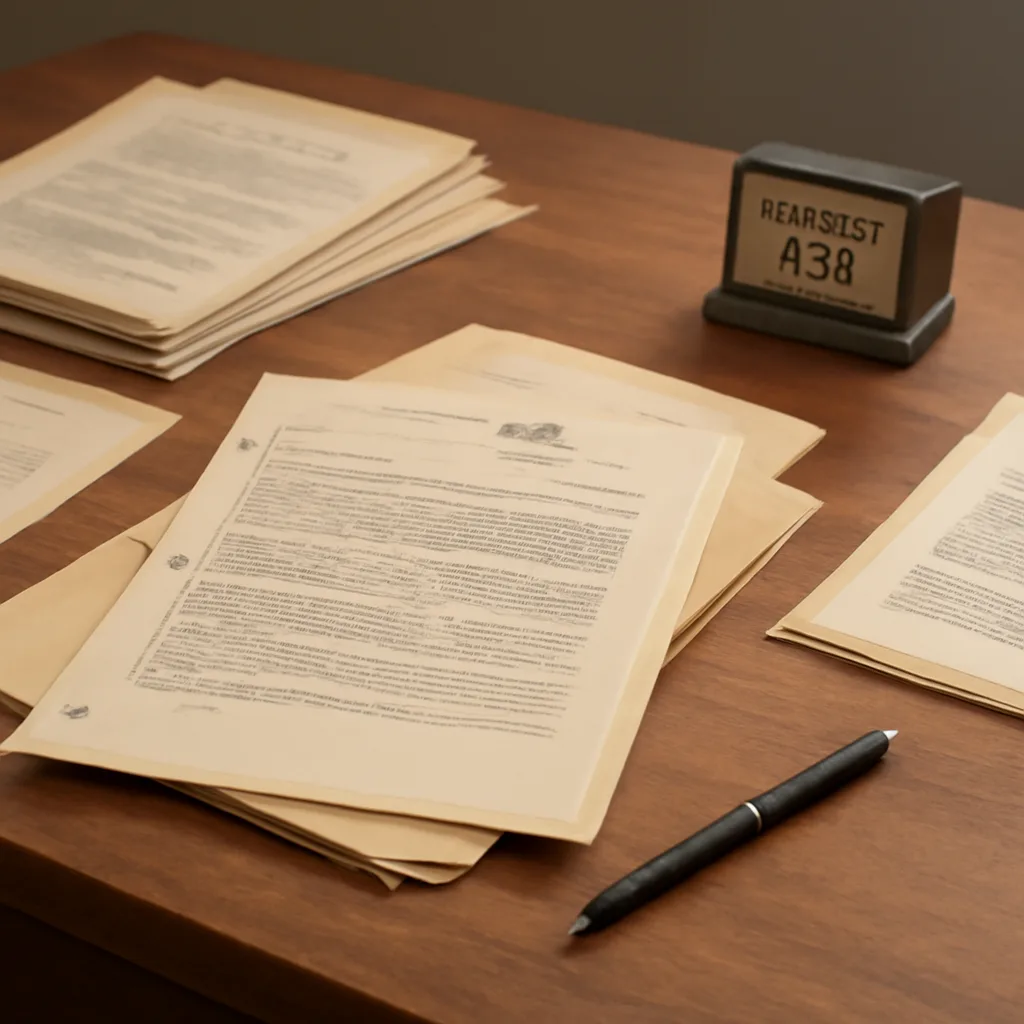 Stack of declassified FBI documents and typed memos from the 1960s spread on a table, with a fountain pen and a dated 1962 calendar page visible at the edge.