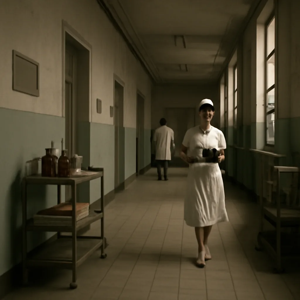 1950s hospital ward corridor with nurses and a doctor near a medication cart; period-appropriate uniforms and medical equipment visible, no identifiable faces.