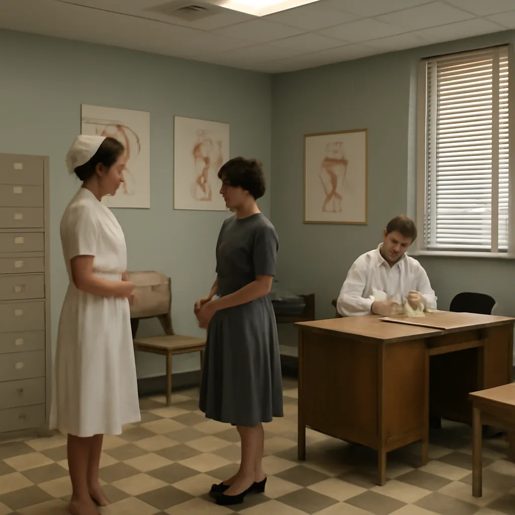 A 1960s-era clinic waiting room with period furniture and posters about women’s health; a nurse speaks with a woman in a skirt suit while a doctor consults charts in the background.