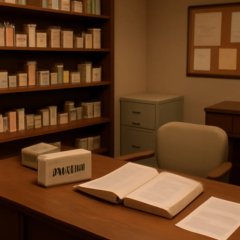 Late 1980s pharmacy counter with shelves of medication bottles and a boxed prescription for fluoxetine (Prozac) alongside clinical reference books and a patient information leaflet.