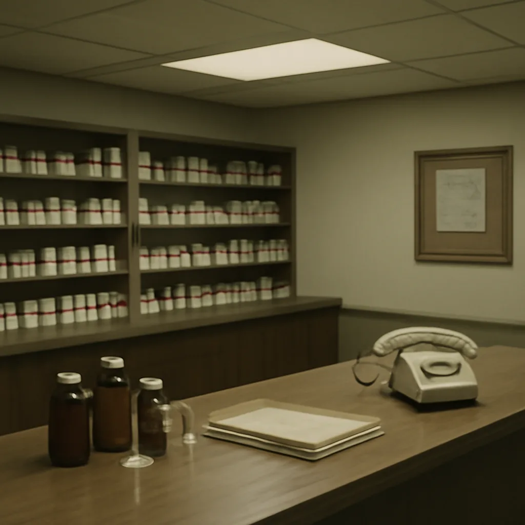 A late-1980s pharmacy counter with prescription bottles and an official FDA notice posted on the wall, suggesting a drug withdrawal announcement.
