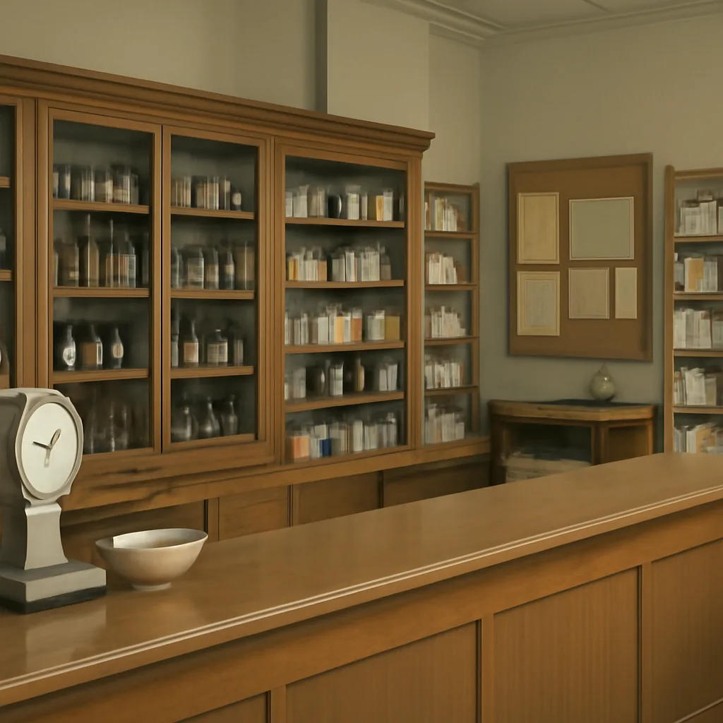 Pharmacy counter from the early 1960s with glass medicine bottles, paper leaflets, and a regulatory notice on a bulletin board—no identifiable faces.
