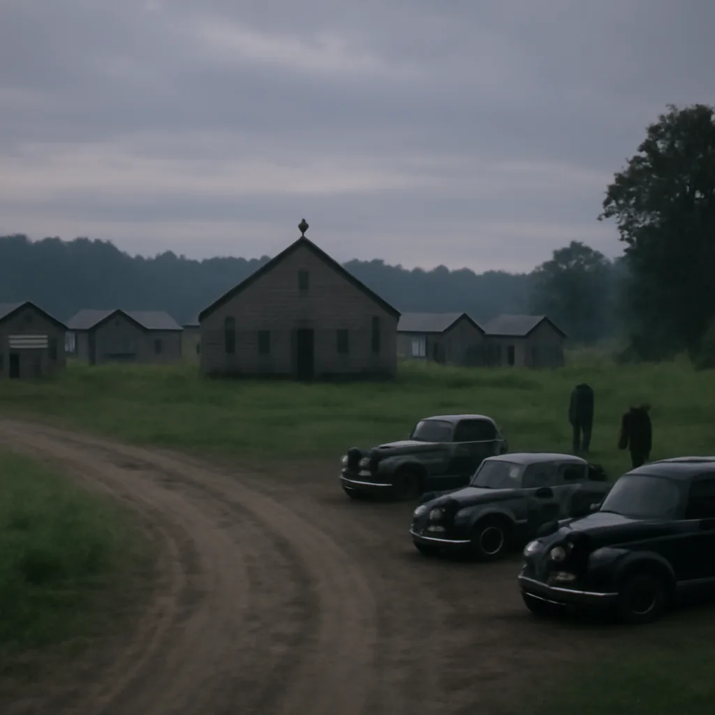 Rural communal compound in 1940s America: simple wooden buildings, fields, and a group of people at a distance; law enforcement vehicles of the era parked on a dirt road.