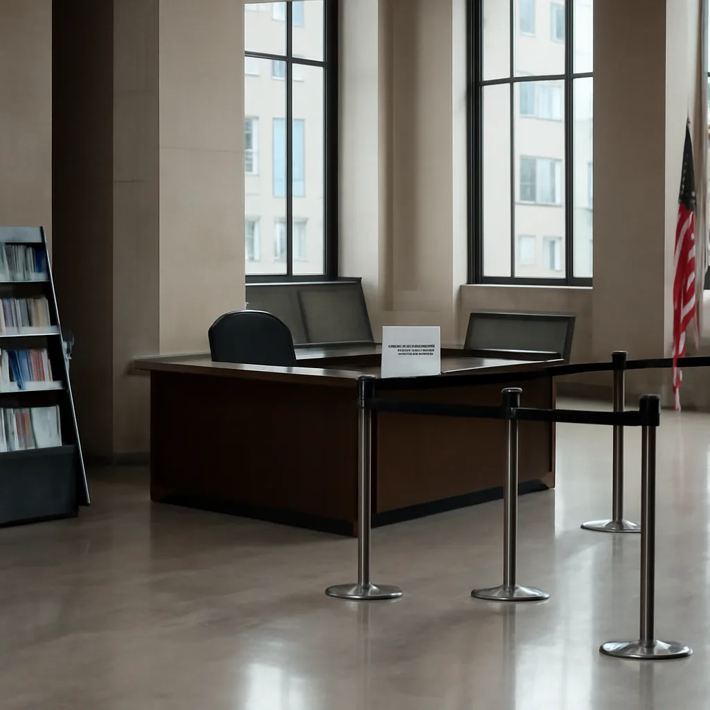 Closed federal office hallway with a ‘temporarily closed’ sign and empty reception area, soft daylight through high windows.