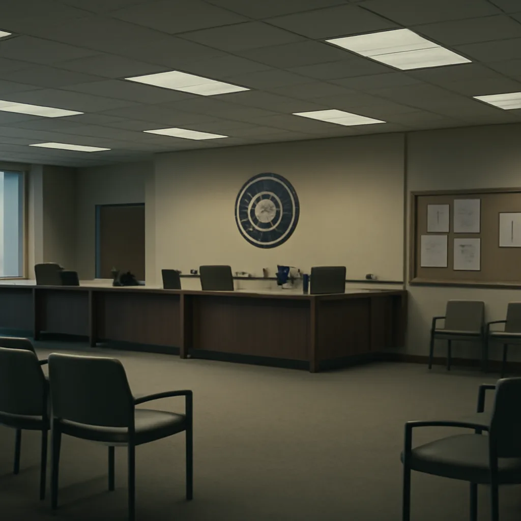 Closed federal office with an official seal on the wall, empty public service counters, and a posted notice about limited services.