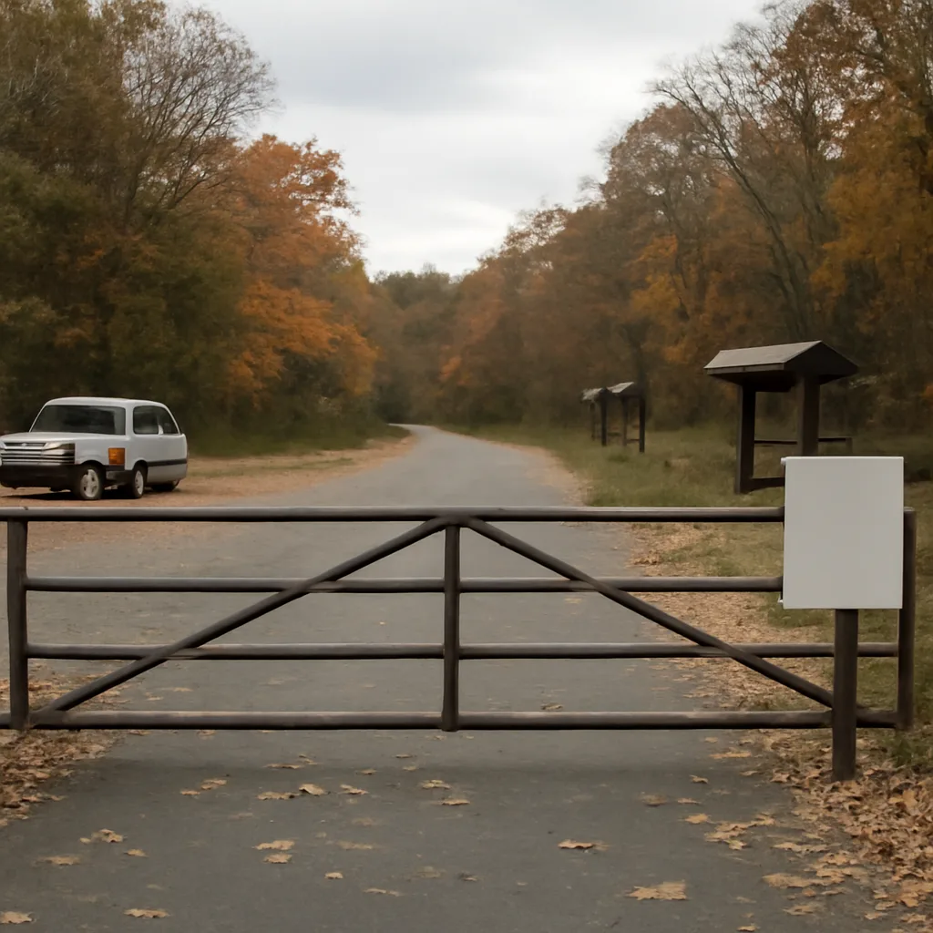 Closed gate and signage at a national park entrance with parked government vehicles nearby, indicating temporary suspension of services during a federal government shutdown in 2013.