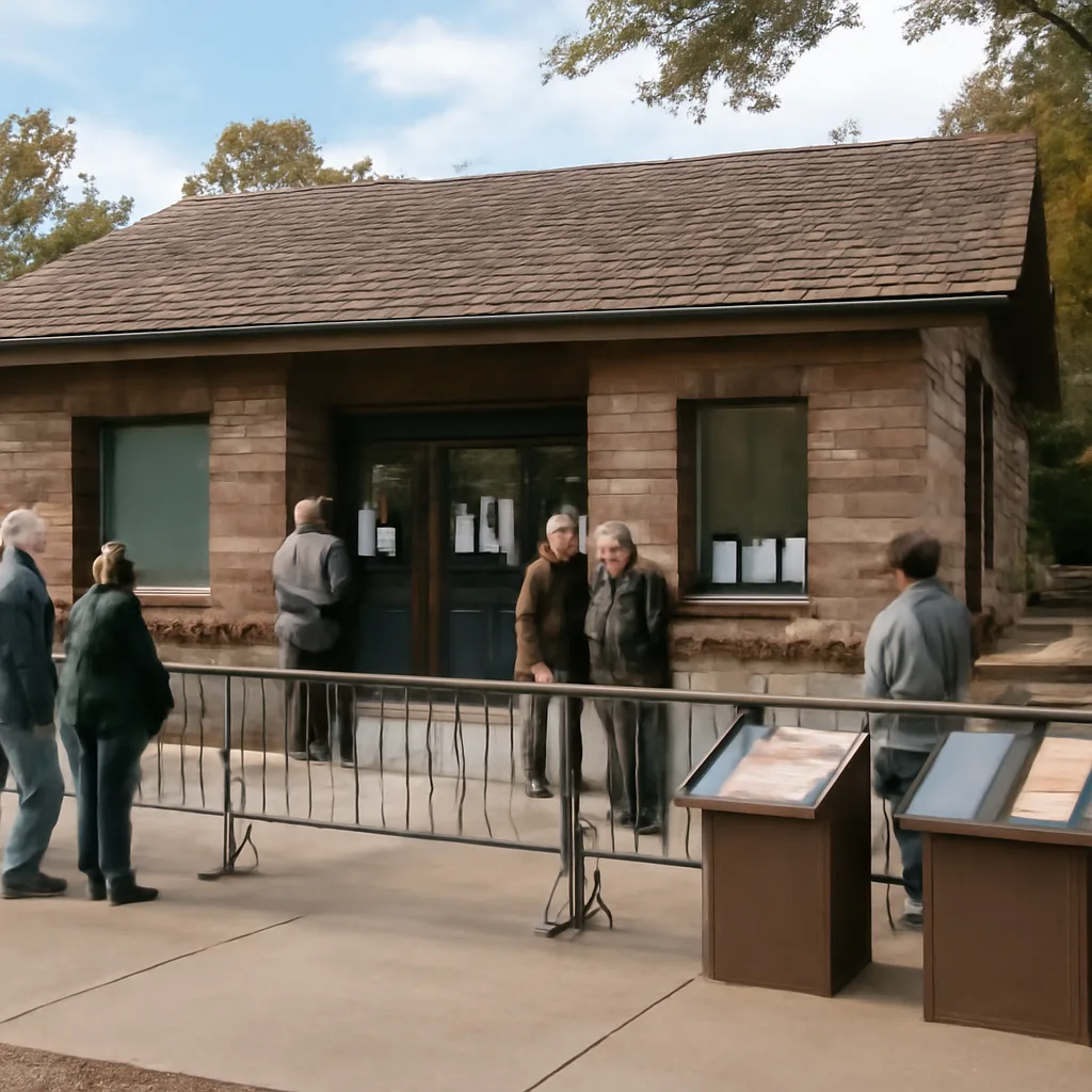 Crowds outside a closed National Park Service site with a temporary barricade and a notice of closure; a few furloughed federal workers standing nearby.