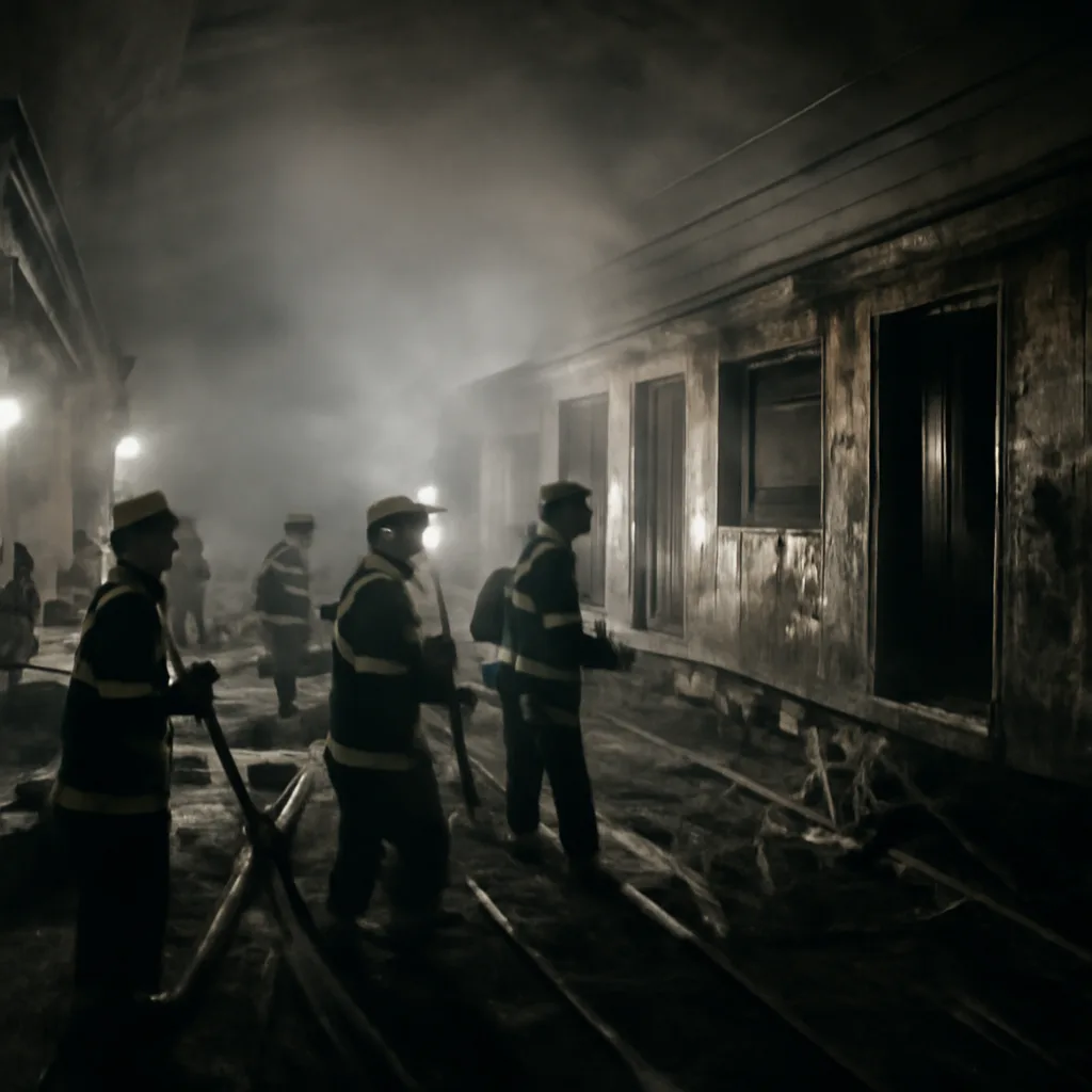 Smoke-filled Mexico City Metro tunnel and a damaged train car surrounded by emergency crews and firefighters at night.