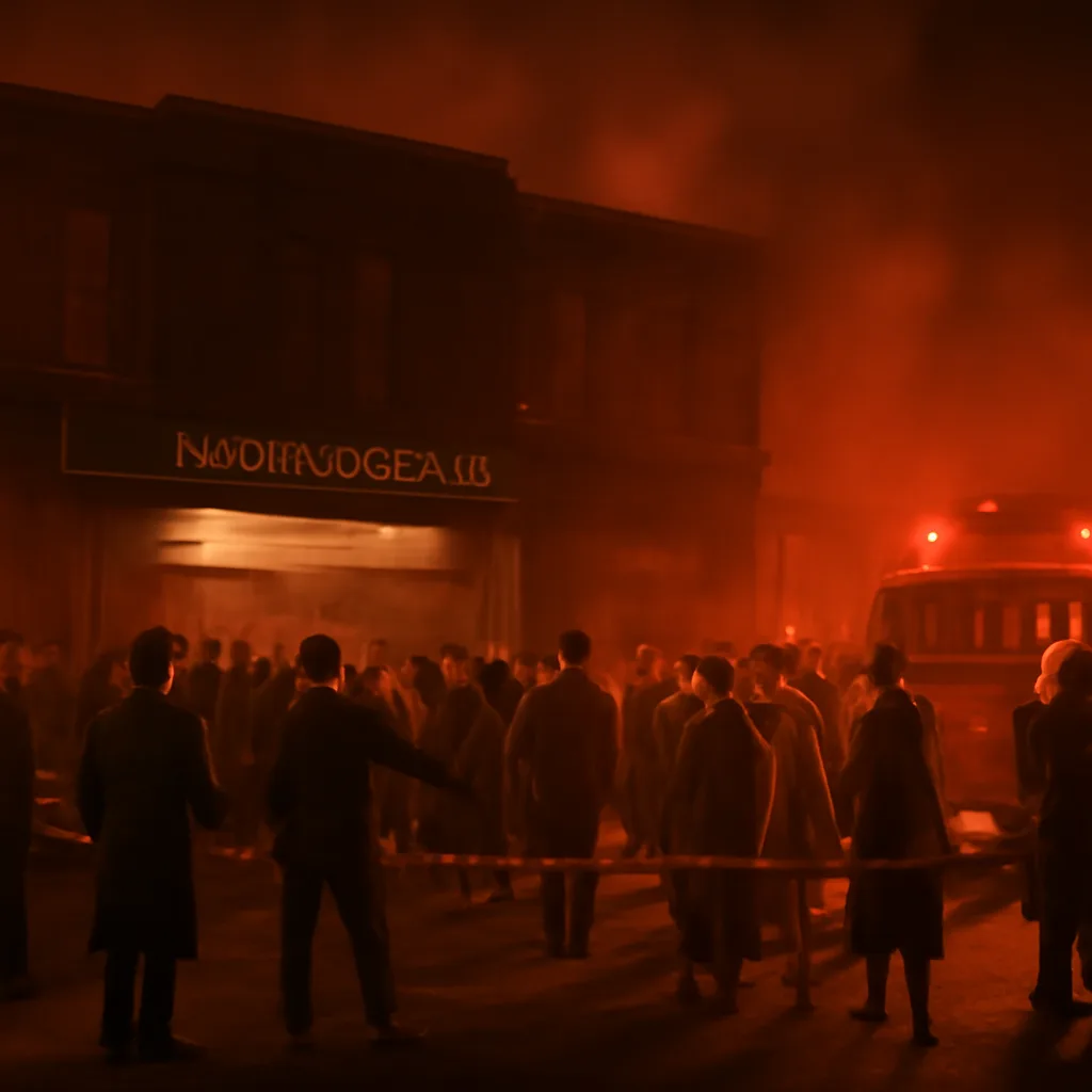 Exterior view of King’s Cross Underground station entrance at night with smoke plume and emergency lighting; crowd control and emergency vehicles present.