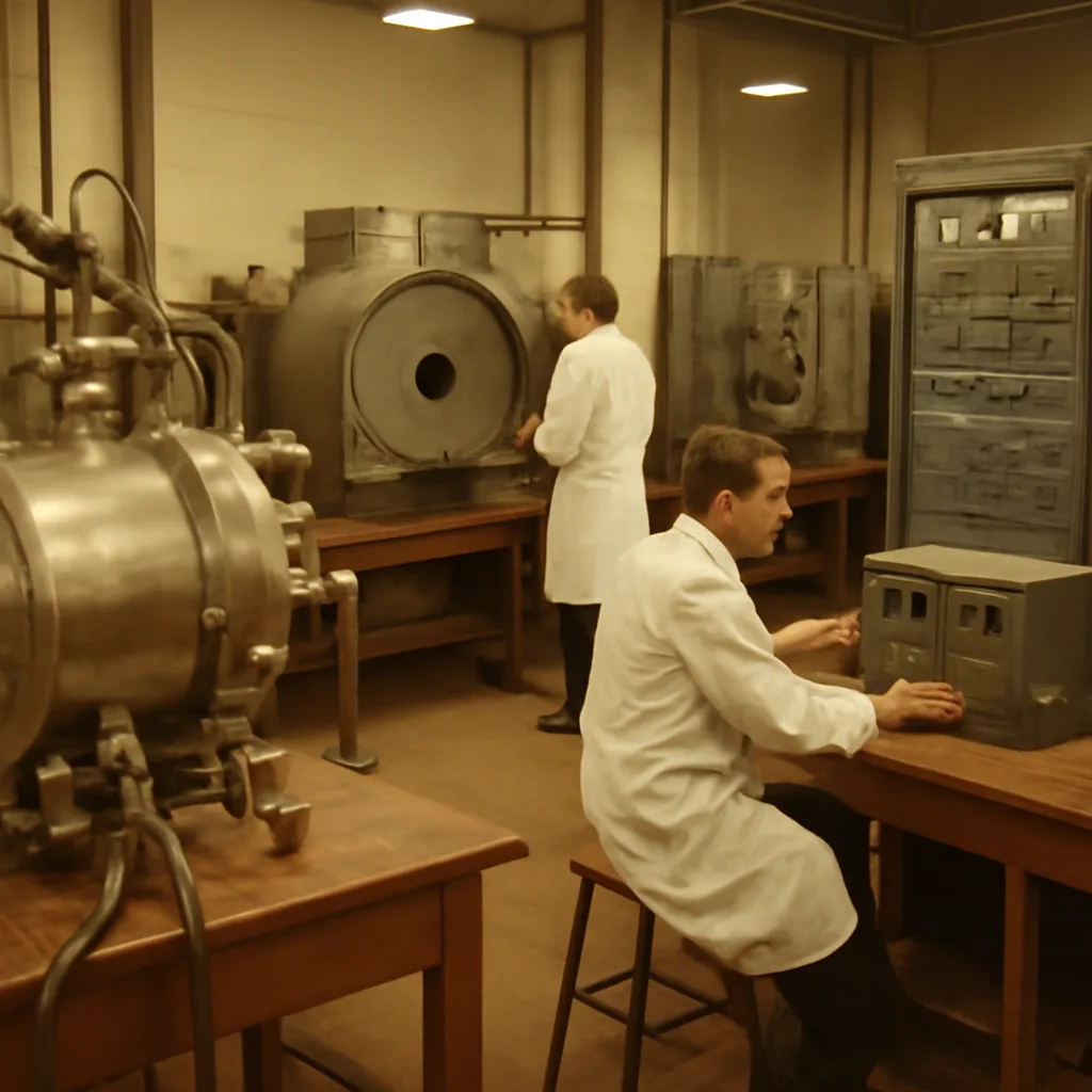 Mid-1950s laboratory room with metal vacuum apparatus, microwave cavities, control panels and oscilloscopes on benches; researchers in period-appropriate lab coats and eyewear working amid cables and instruments.
