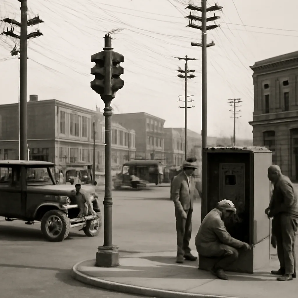 1920s street intersection with early electric traffic signals, utility poles, and cars of the era; engineers examining a control cabinet on the sidewalk.