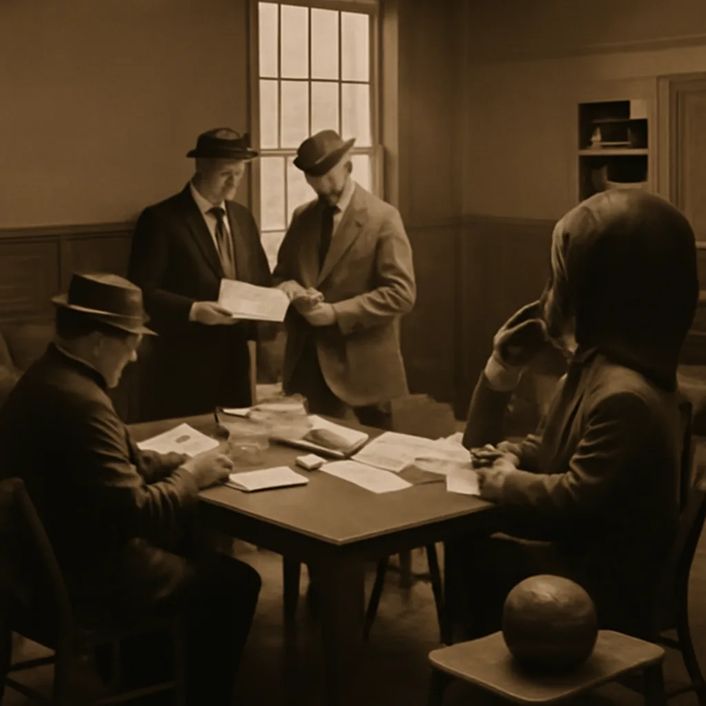 A 1940s basketball arena interior or team office with officials and paperwork on a table, showing mid-20th-century clothing and furnishings.