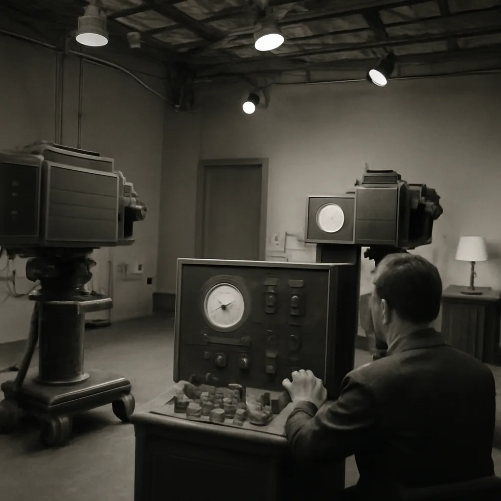 Black-and-white scene of a 1940s television studio control room with large camera equipment and a small television monitor displaying a simple clock graphic; technicians in period dress operate dials and switches.