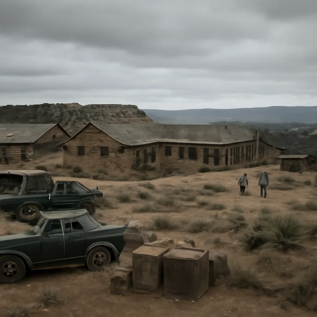 Exterior of a 1940s laboratory compound with low, industrial buildings, transportation crates labeled for scientific equipment, and workers in period coveralls and caps; scene suggests wartime research activity without identifiable faces.
