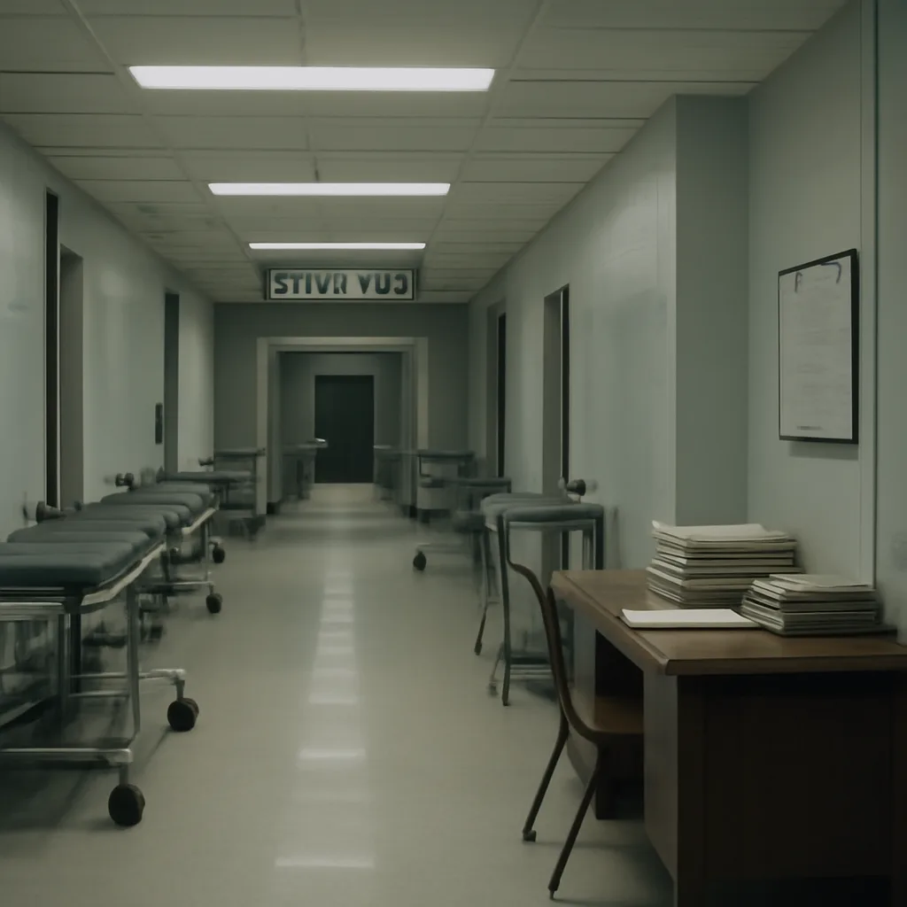 Archivally styled hospital corridor with exam rooms and medical charts on a desk, 1970s-era furnishings; empty and clinical atmosphere.