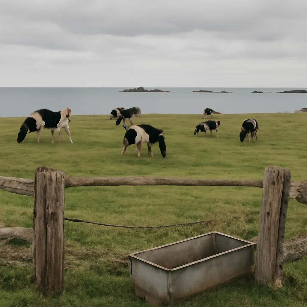 Cattle in a coastal Australian pasture in the 1950s with a distant view of low-lying islands offshore and a cloudy sky