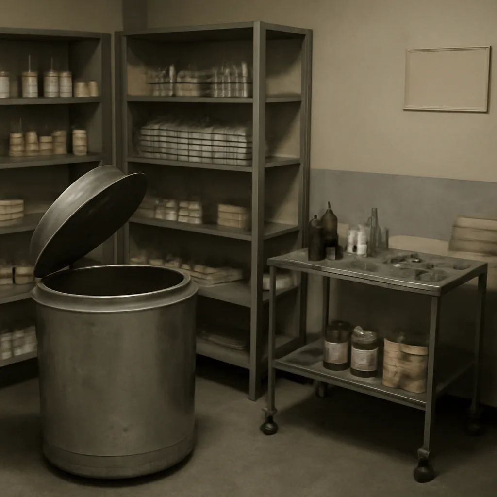 Historic low-temperature storage dewar and laboratory equipment from the 1960s, set in a plain storage room; no identifiable faces.
