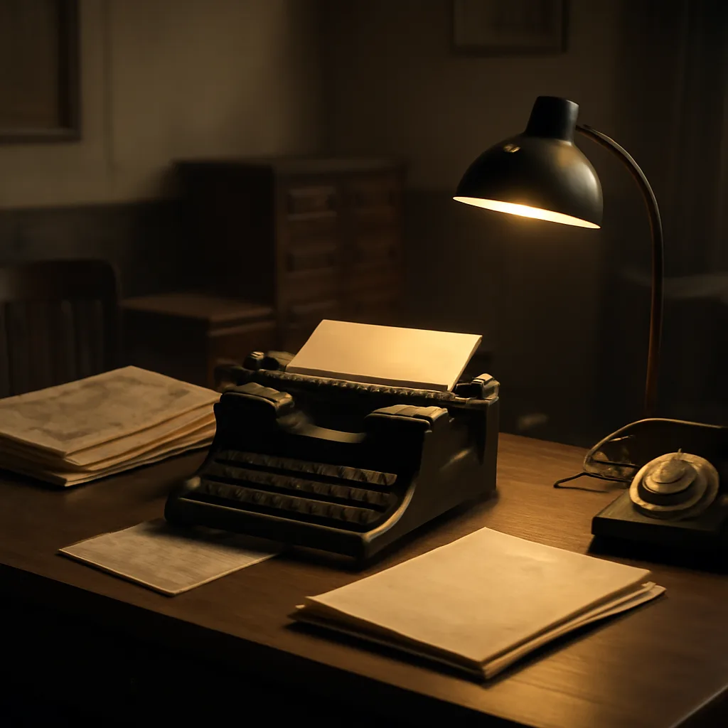 A mid-20th-century newsroom desk with typewriter, stacked newspapers, and police case files spread under a desk lamp, suggesting investigative reporting from the 1950s.