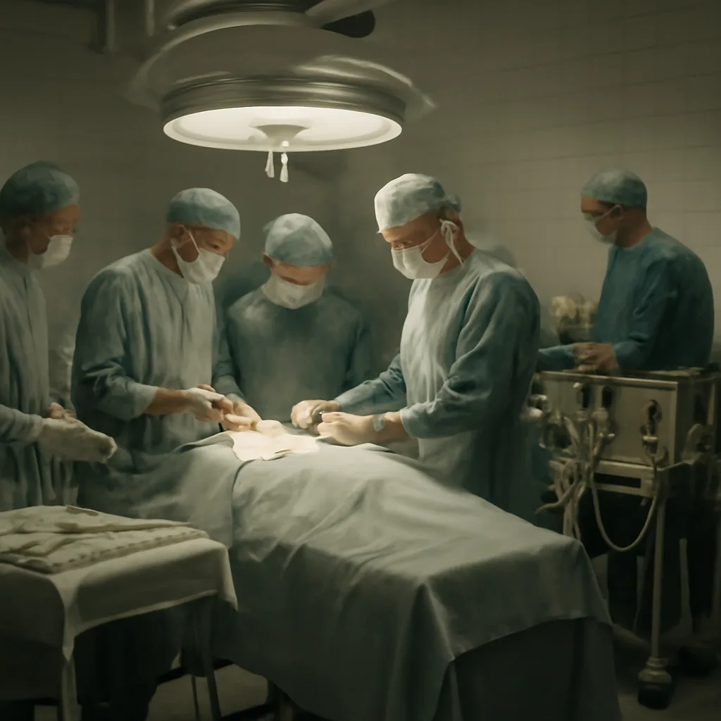 A 1960s-era operating room scene showing surgeons and perfusionist around an open-heart surgery table with early cardiopulmonary bypass equipment and surgical instruments, without identifiable faces.