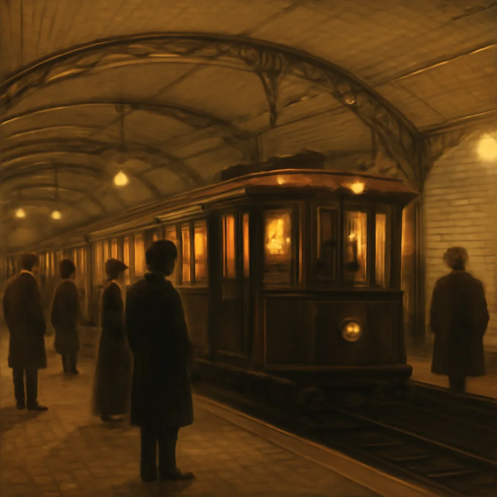 A late 19th-century underground train platform with period electric rolling stock and passengers in contemporary clothing boarding beneath a tiled station, showing early subway architecture and signage.
