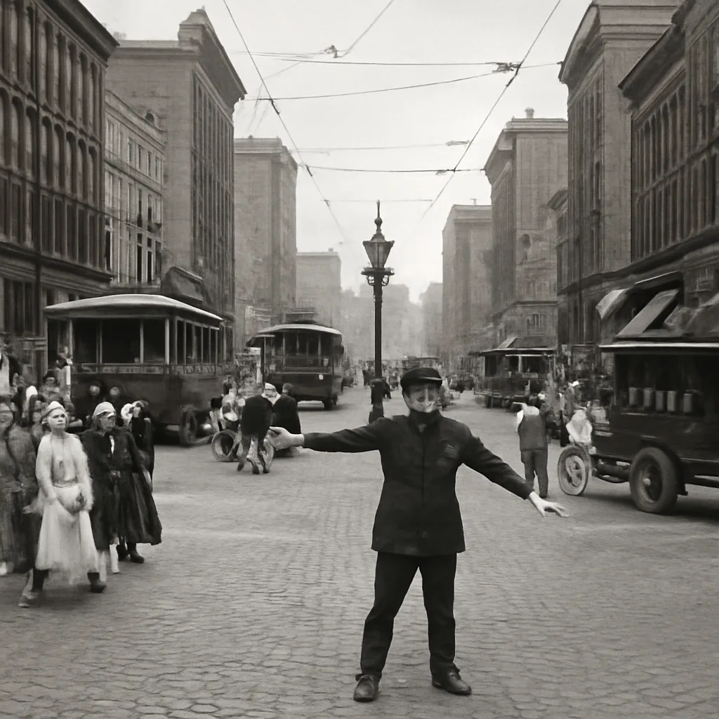 Early 20th-century downtown Cleveland intersection with horse-drawn vehicles, streetcars, early automobiles, and police officers directing confused traffic near an early electric traffic signal.