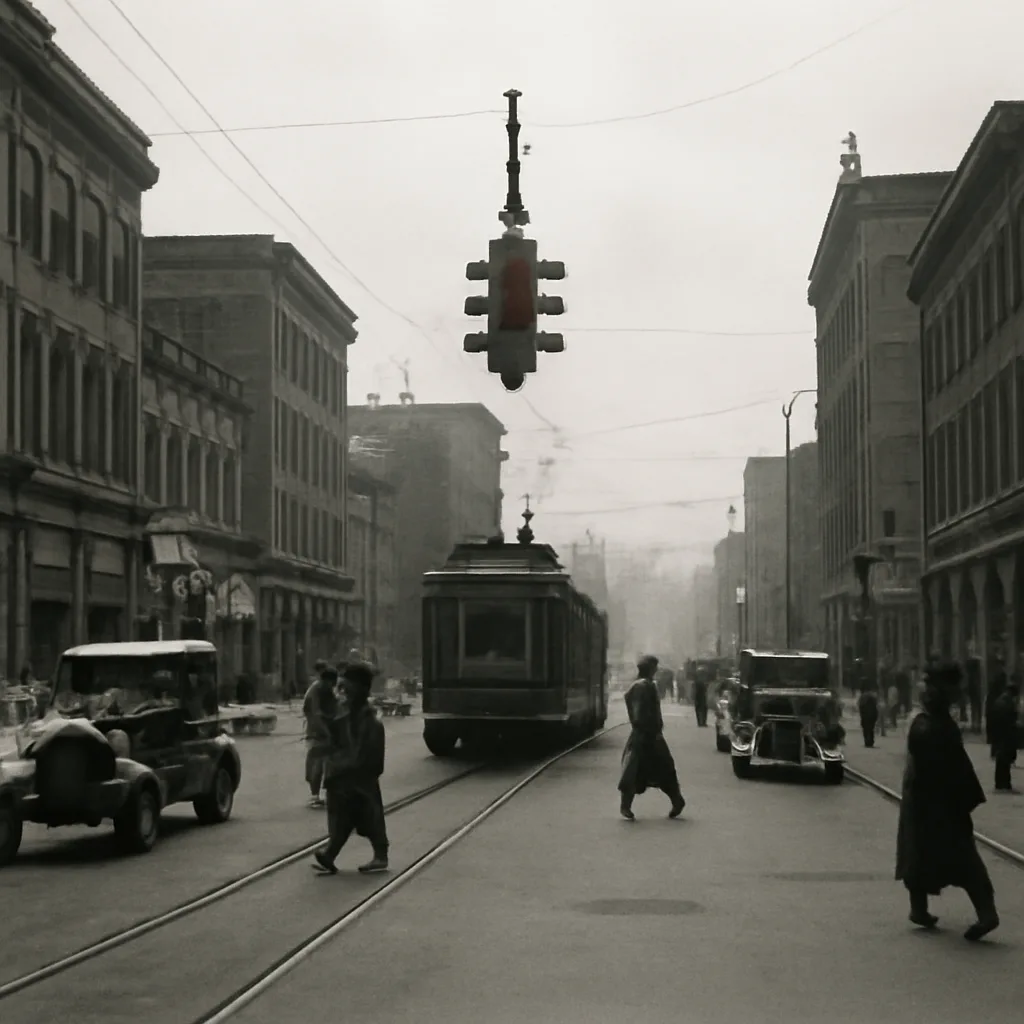 Early 20th-century street intersection in Cleveland with a tall pole-mounted traffic signal and automobiles, streetcars, and pedestrians from the era.