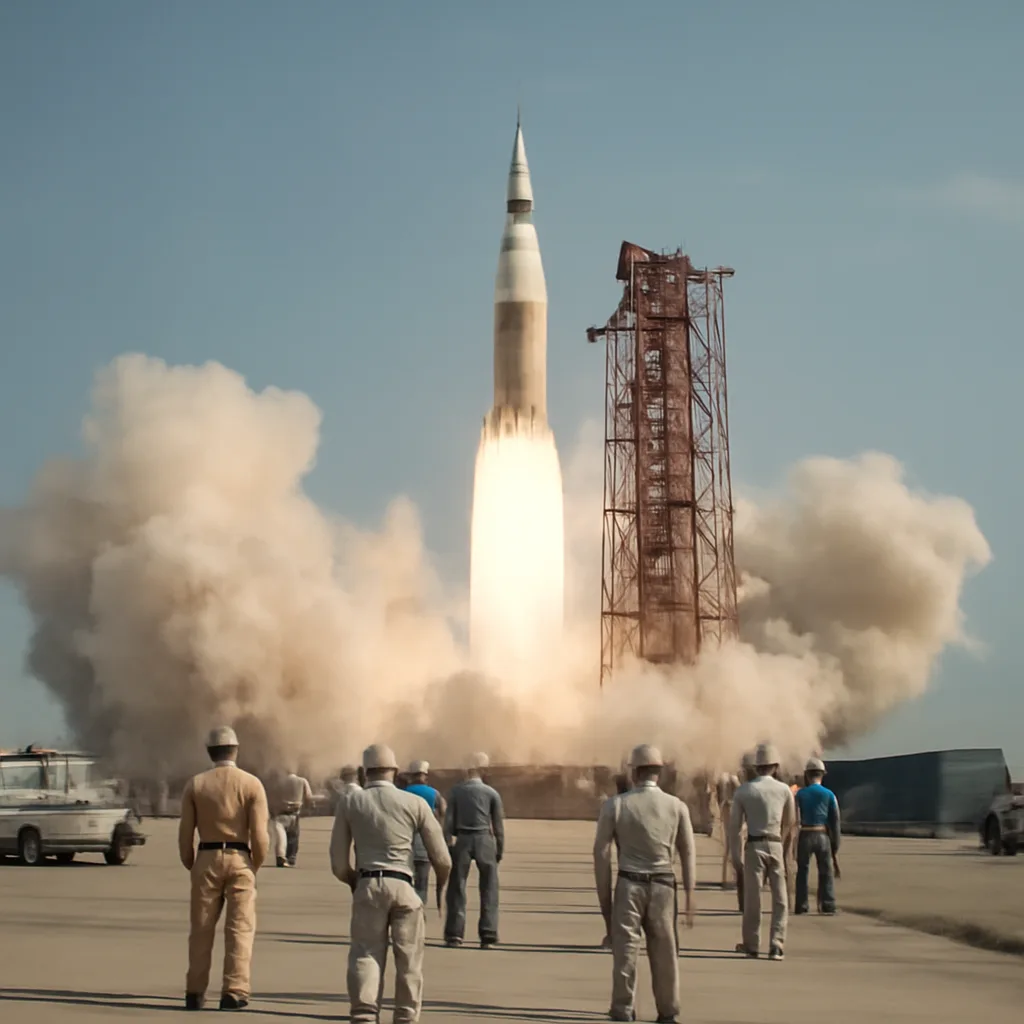 A mid-20th-century rocket launch at Cape Canaveral with a clear plume against a pale sky; nearby launch structures and technicians in period-appropriate clothing are visible at a distance.