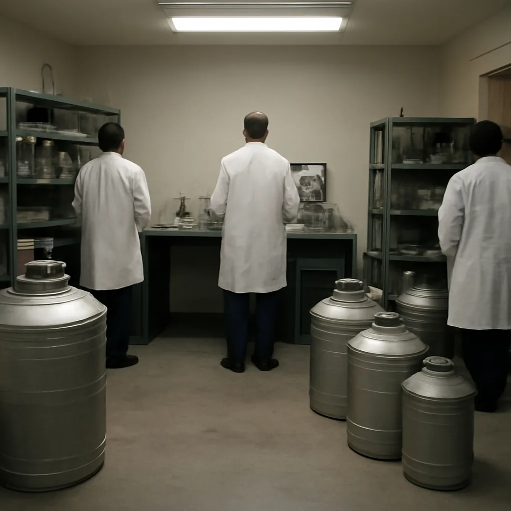A mid-20th-century laboratory storage room with large insulated dewars and metal canisters for cryogenic storage, staff in period-appropriate lab coats, no discernible faces.
