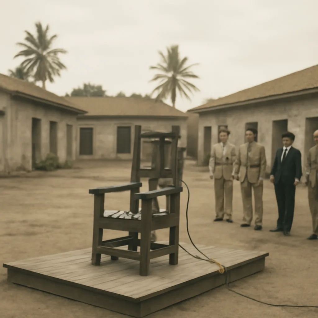 A colonial-era prison courtyard and a simple wooden execution chair surrounded by uniformed guards and officials, early 20th-century Philippine setting.