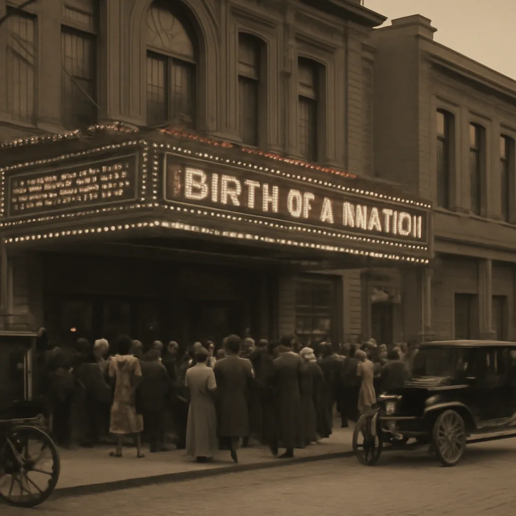 Early 20th-century movie theater exterior with a marquee, crowd in contemporary dress, and a municipal building sign indicating a censorship board office nearby.