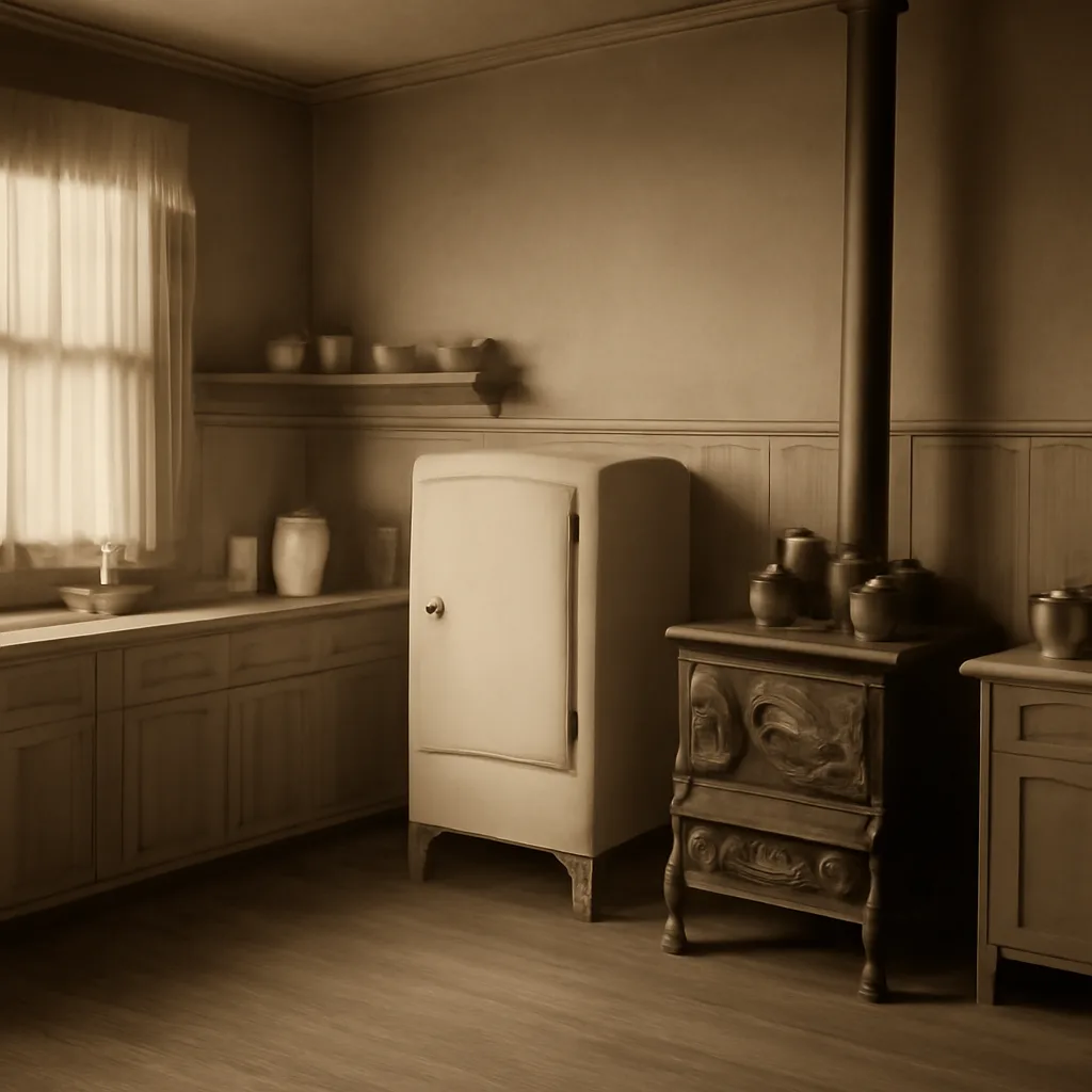 Early 20th‑century kitchen with a freestanding cabinet electric refrigerator beside a wooden icebox, period stove, and simple cabinetry.