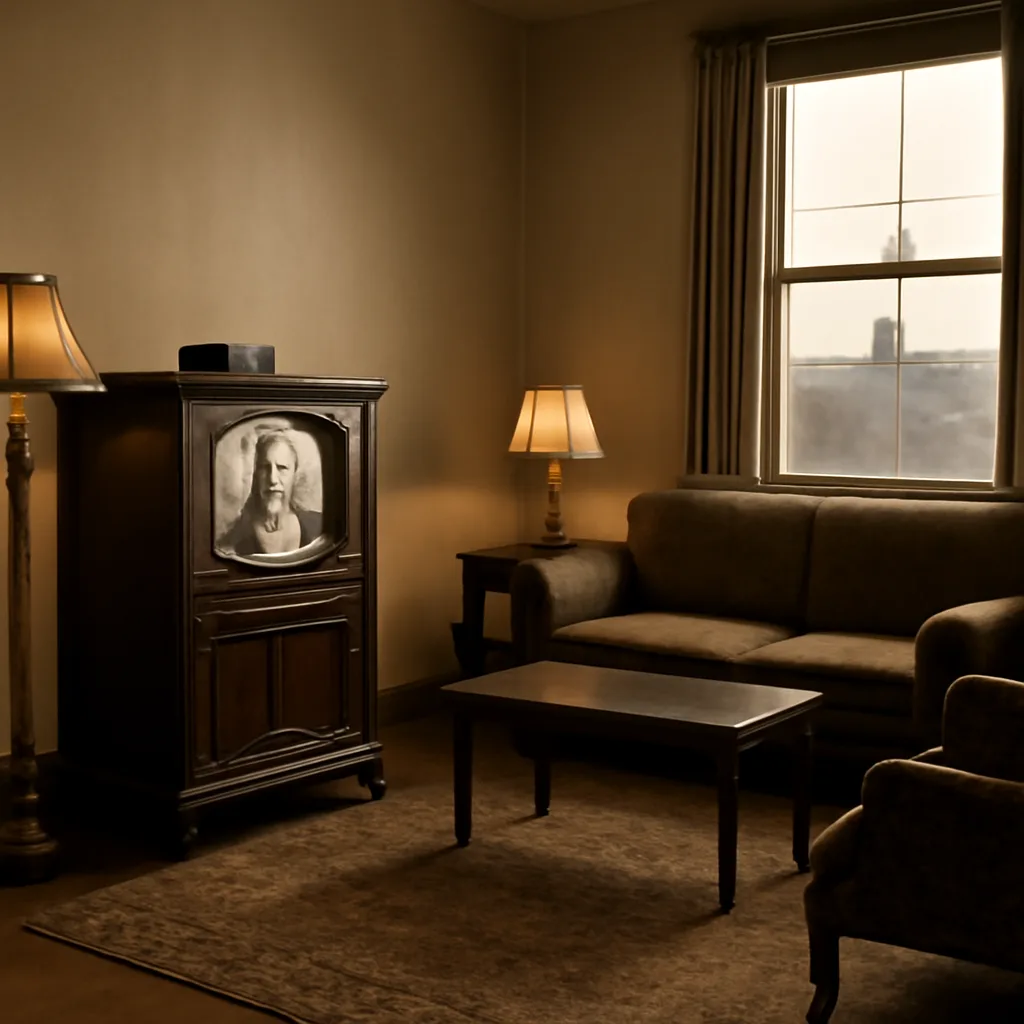 1939 living room with a large wooden cabinet television set displaying a small black‑and‑white image, an outdoor receiving antenna visible through a window, and period furnishings.
