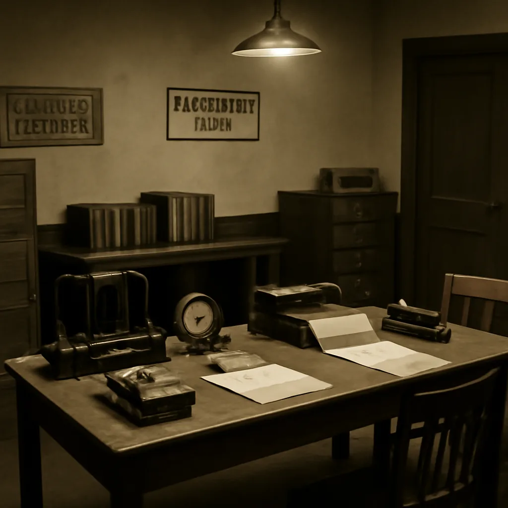 Early 1920s laboratory room with a table of analog physiological recording instruments—pneumograph tubes, a pressure manometer and a paper roll—next to a wooden desk and chairs, conveying a police-forensic setting.