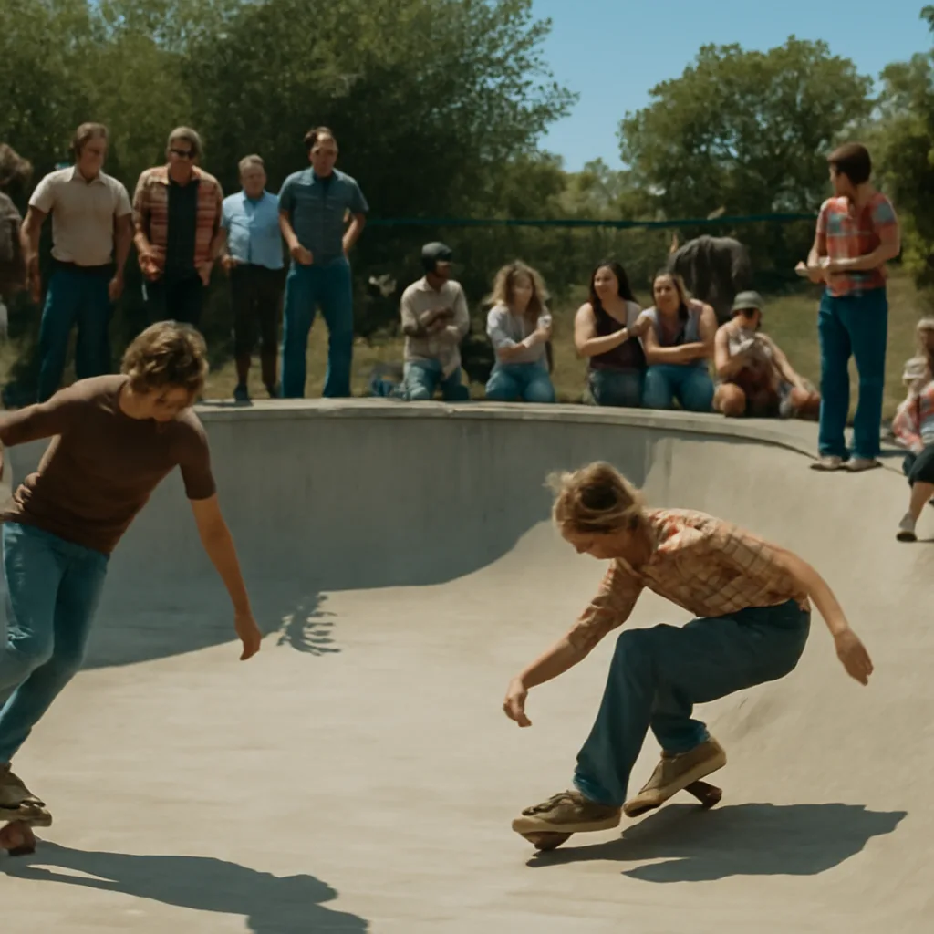 A 1970s outdoor skateboard competition scene: riders with 1970s-style skateboards, spectators in period clothing around a concrete bowl or flat course, banners of early skateboard brands visible but not close enough to read.