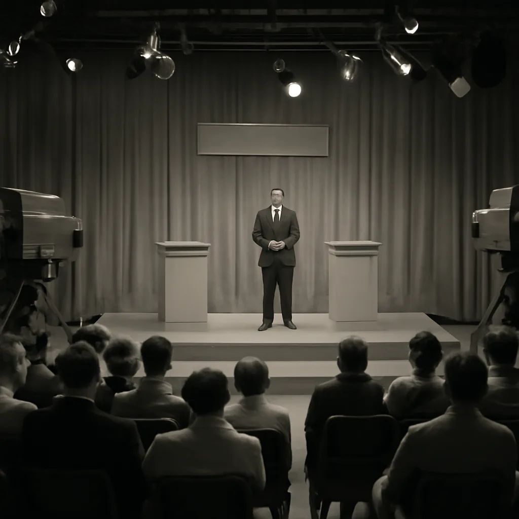 Black-and-white mid-1950s television studio set with a studio audience, a host standing by a raised game stage with simple signage and contestants at podiums, studio cameras and lighting visible.