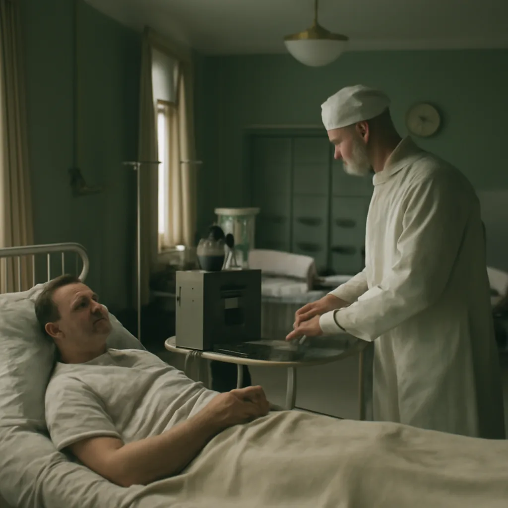 1950s hospital ward with a patient in bed and a clinician attending beside an early medical device on a trolley; vintage medical equipment visible, no identifiable faces.