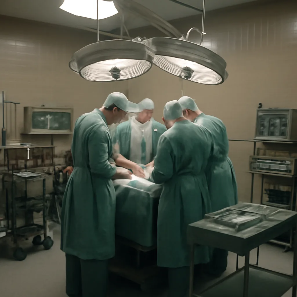 Operating theatre in the late 1960s with surgical team around an operating table, early cardiac equipment and large external pumps visible on carts, no identifiable faces.
